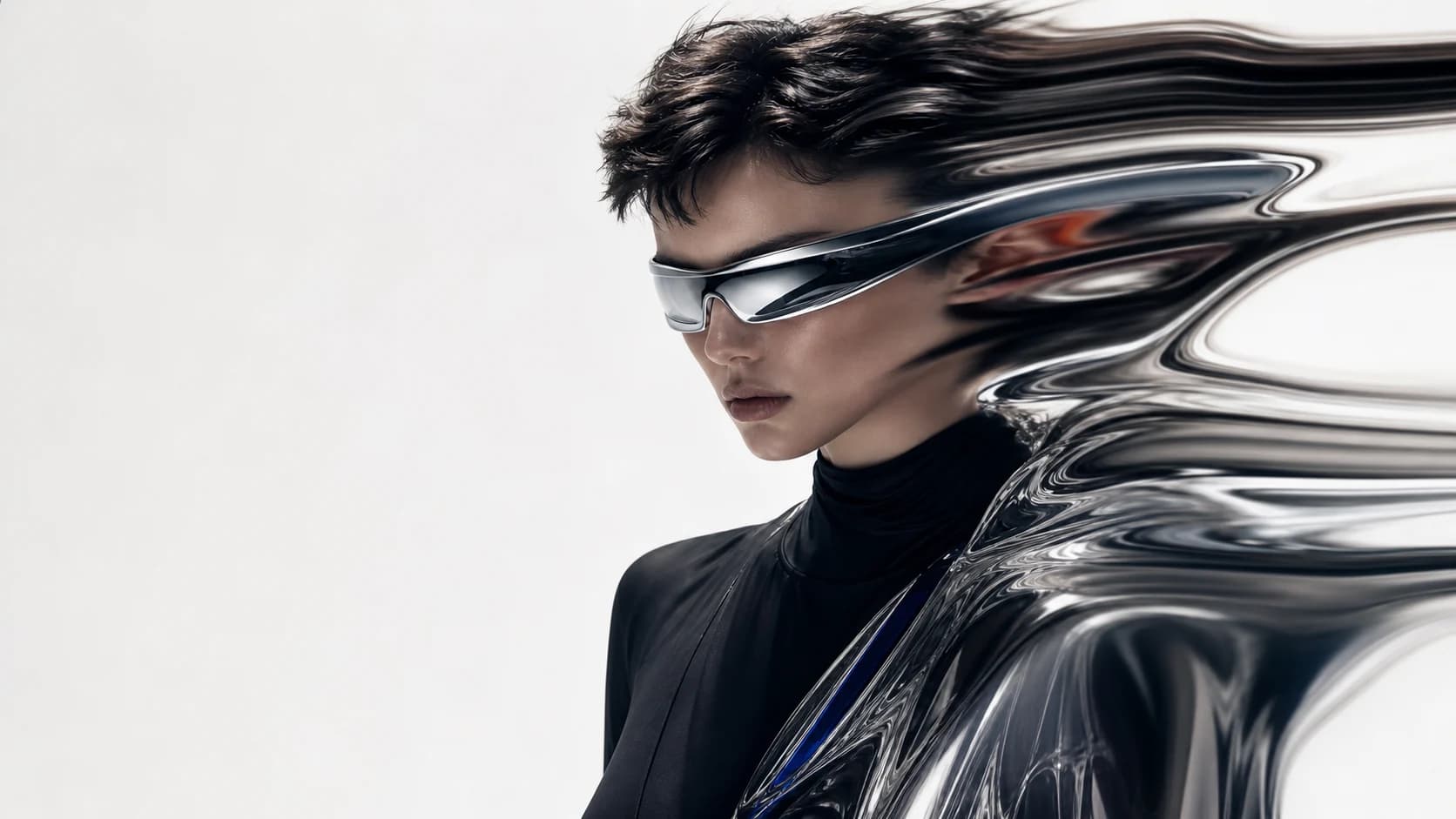 A futuristic fashion portrait with a chrome visor and liquid motion distortion