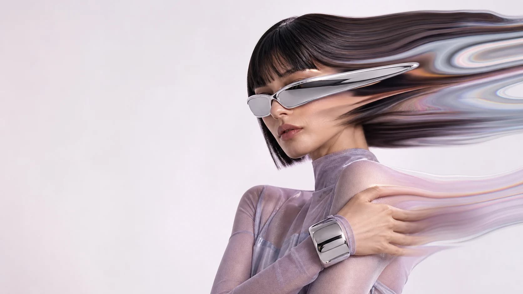 A pearl-lilac fashion portrait with a chrome visor and dreamlike distortion